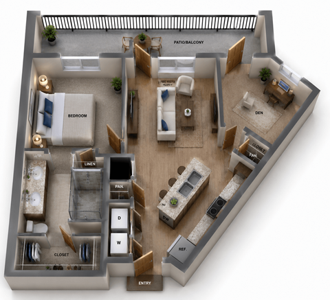 Floor plan for 1 bed, 1 bath, 858 sqft